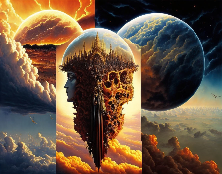 Surreal artwork: face merged with forest, structures, planets, celestial clouds