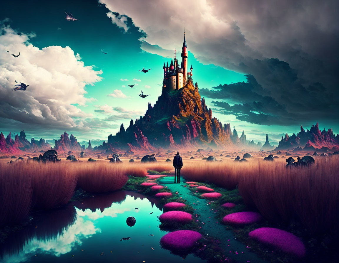 Fantastical landscape with vibrant castle, pink grass, reflective water, and flying birds