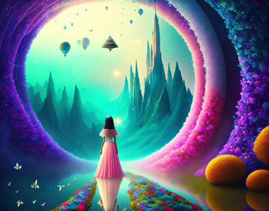 Person in flowing dress amidst vibrant fantasy landscape with whimsical mountains.