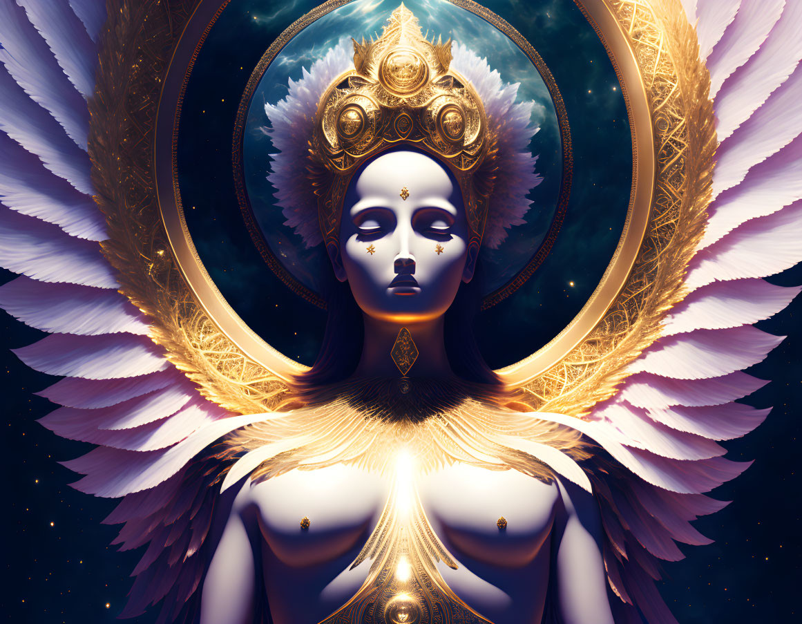 Ethereal figure with wings and golden headdress in cosmic setting