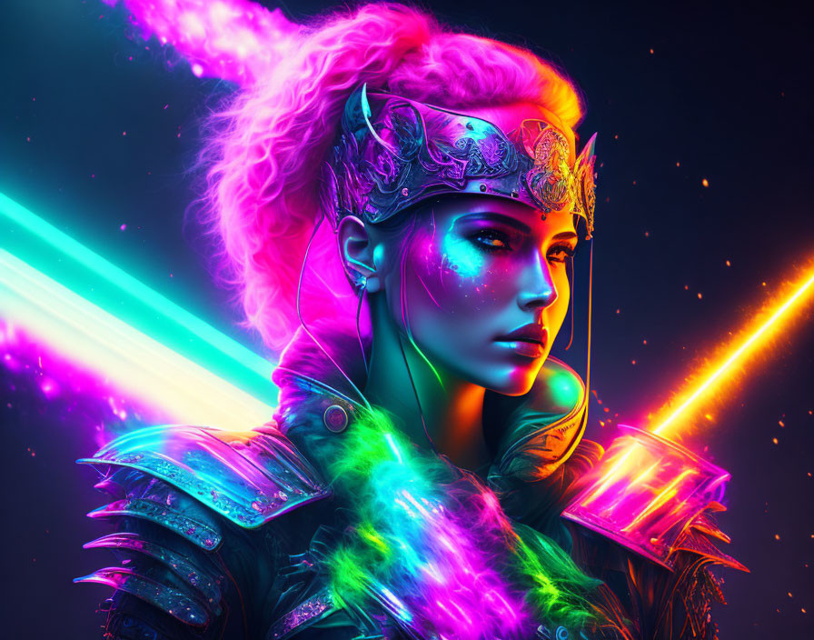 Digital artwork: Woman with neon pink hair, glowing armor, intricate headpiece, bright neon beams