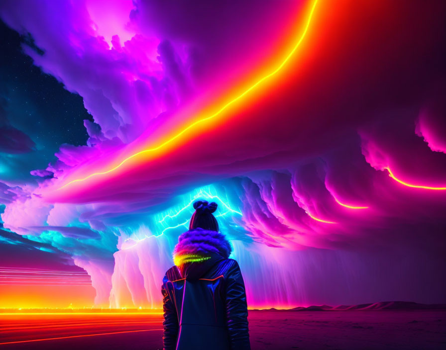 Vibrant surreal sky with multicolored clouds and light streaks over a silhouetted