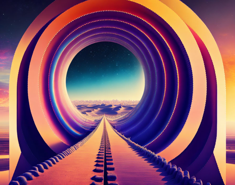 Colorful digital art: surreal tunnel & railroad under starry sky