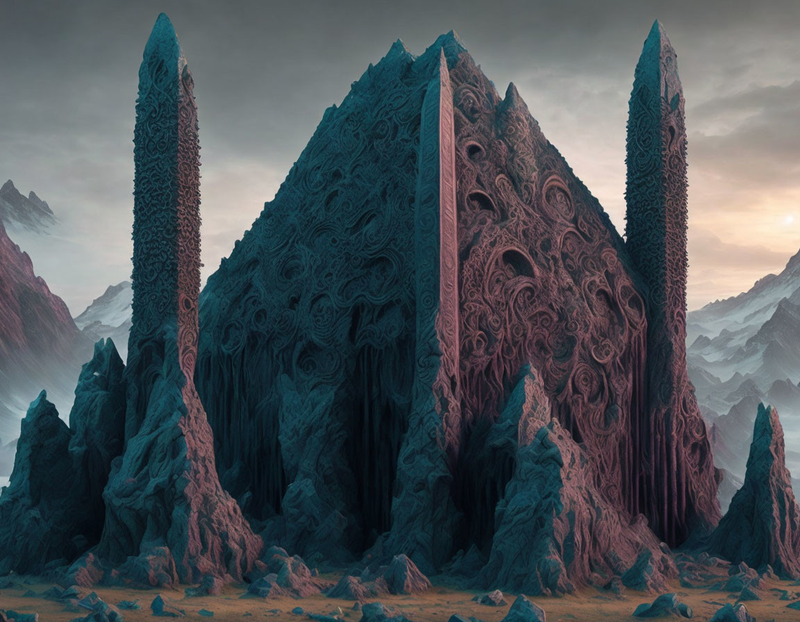 Alien landscape with towering structures in rugged terrain