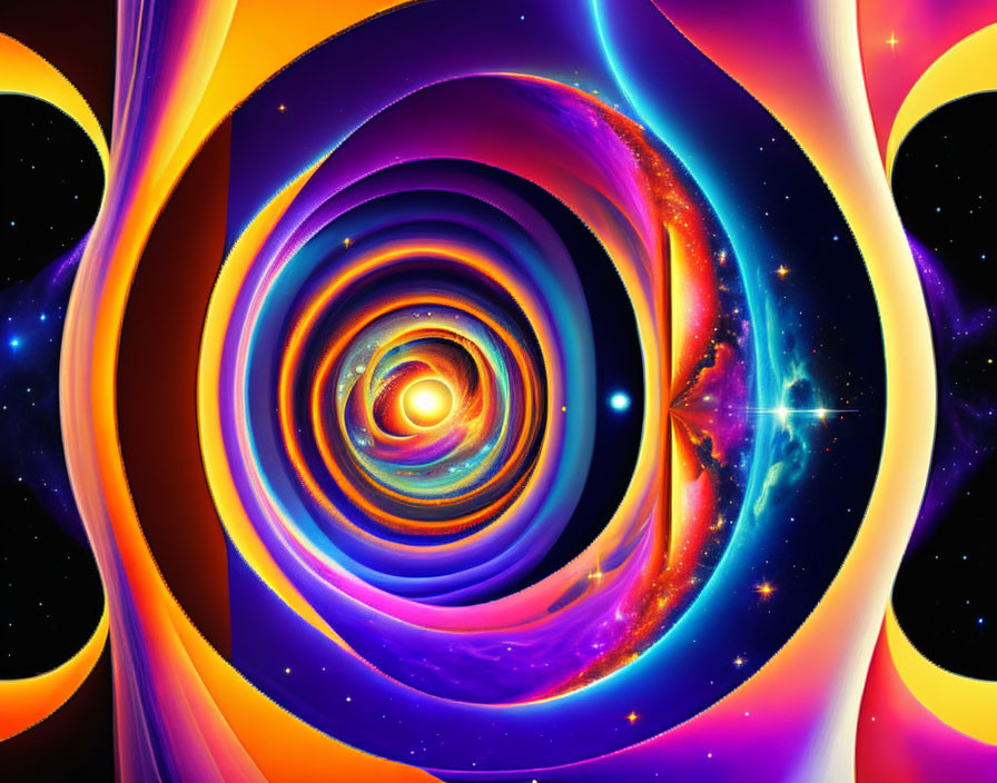 Colorful Psychedelic Spiral Art Against Cosmic Starry Background