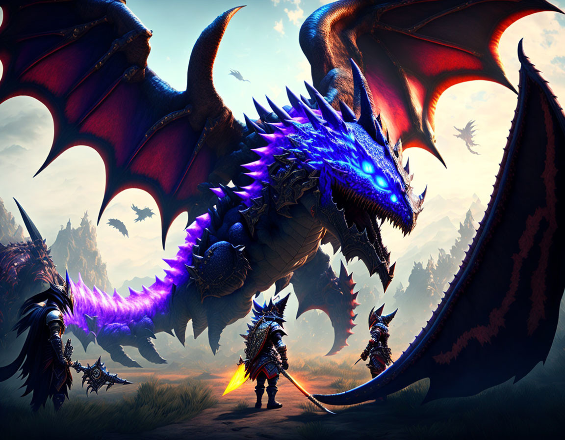 Blue-eyed dragon and armored warriors in fantastical landscape at dusk