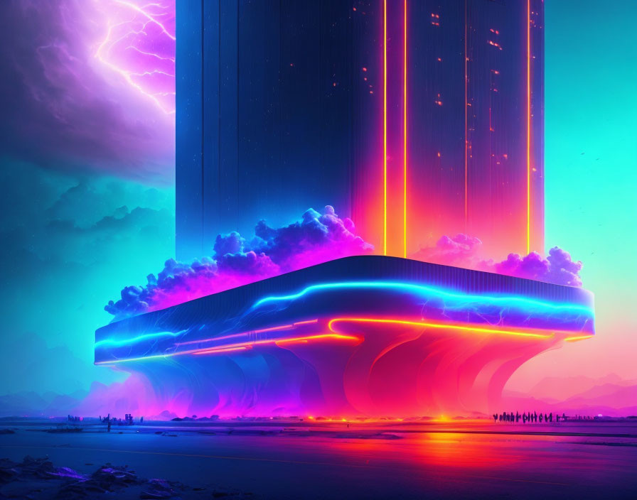 Neon-lit structure with towering pillars in twilight sky