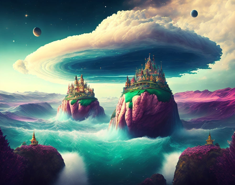 Vibrant fantasy landscape with floating islands and castles under dramatic sky