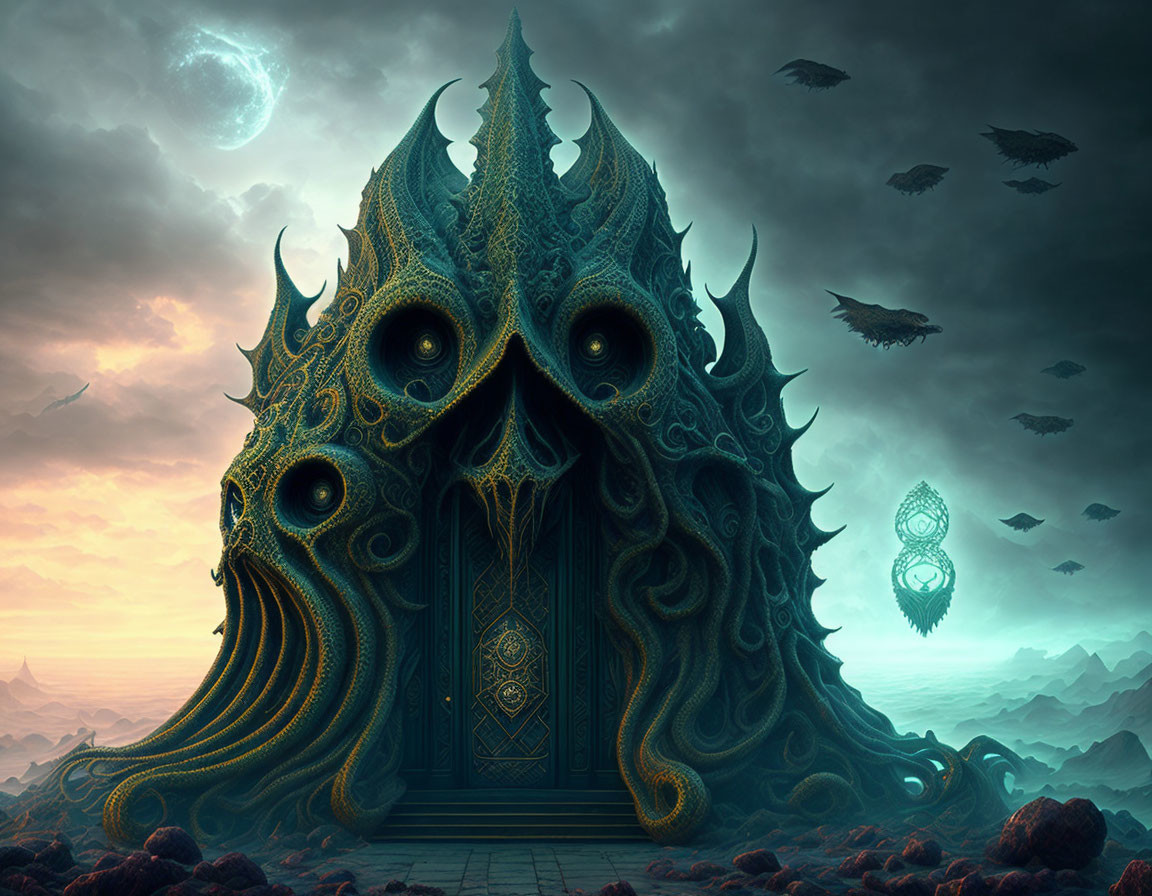 Dark Fantasy Landscape: Towering Structure, Eye Motifs, Crescent Moon