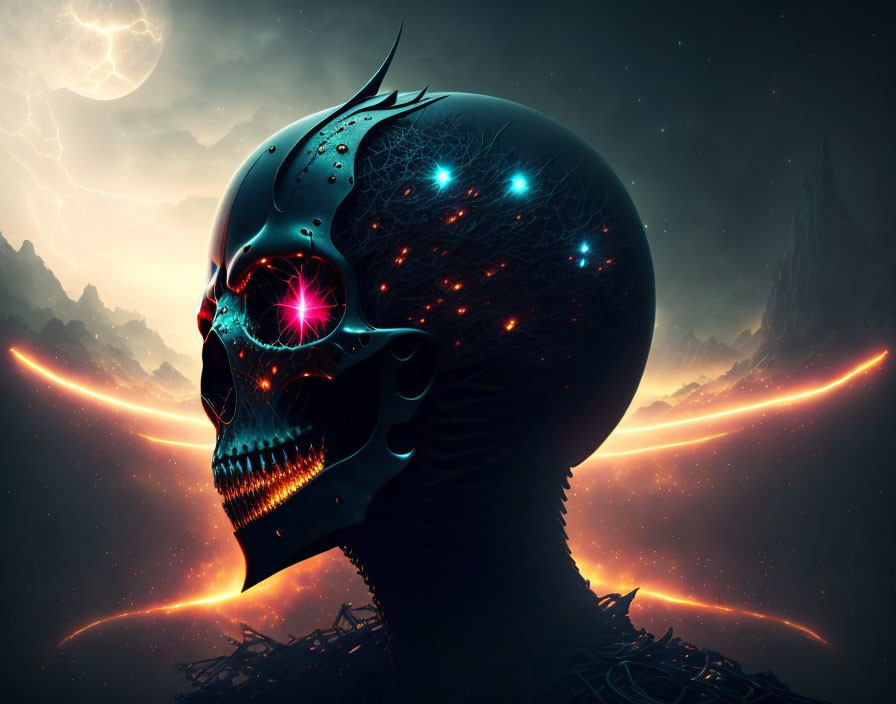 Futuristic skull digital art with red eye, cosmic patterns, crescent moon, and nebulous