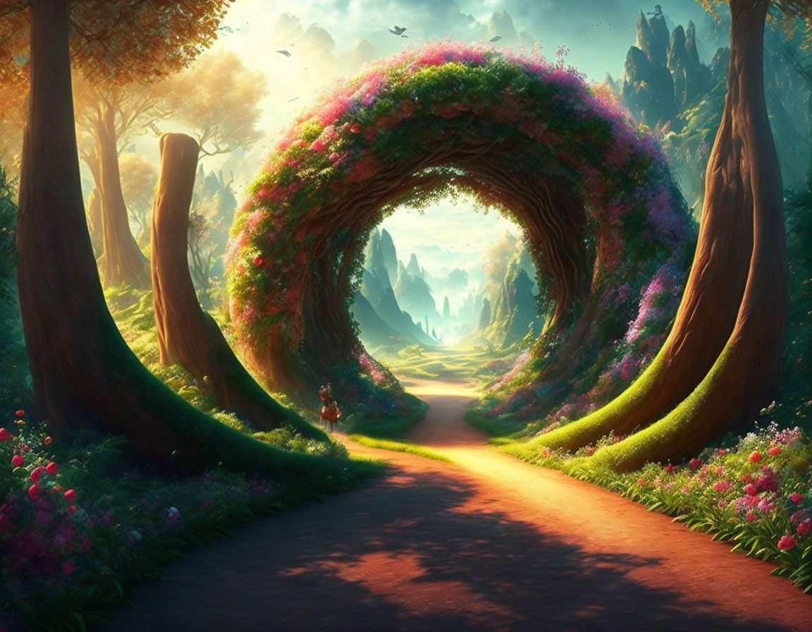 Enchanting forest pathway with flower-covered arches