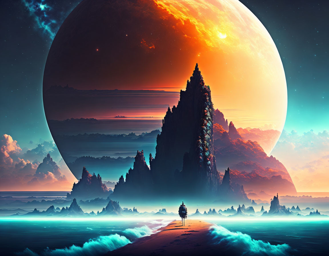 Surreal landscape with giant planet, misty mountains, lone figure, starry sky