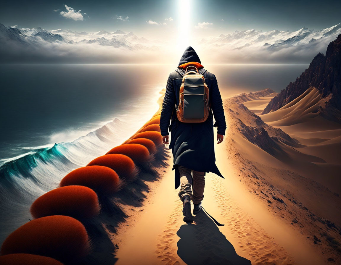 Traveler walking on sandy path between ocean waves and sand dunes under dramatic sky