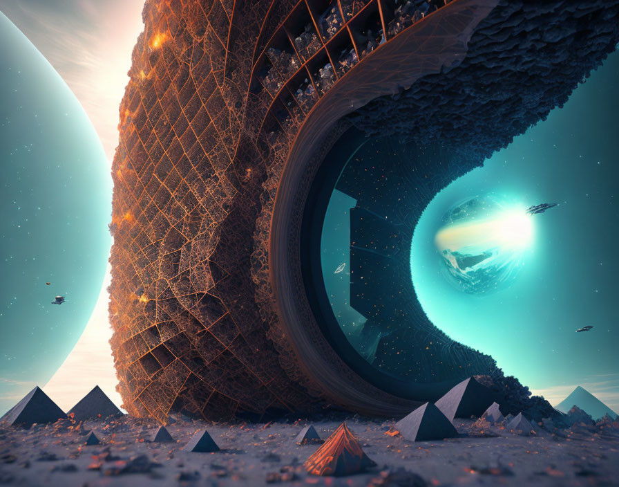 Surreal sci-fi landscape with giant ring, pyramids, and spaceships