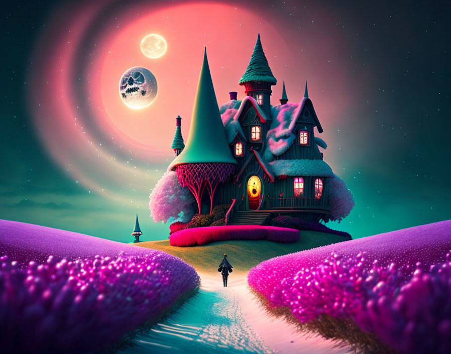 Fantastical night landscape with whimsical house and large moon