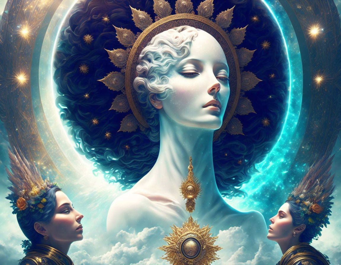 Celestial woman with starry halo and ornate headdresses in surreal digital art