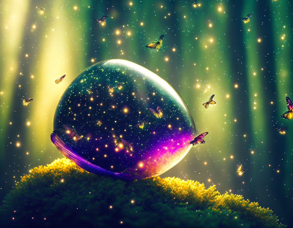 Cosmic bubble on mossy ground with starry interior, fireflies, forest ambiance