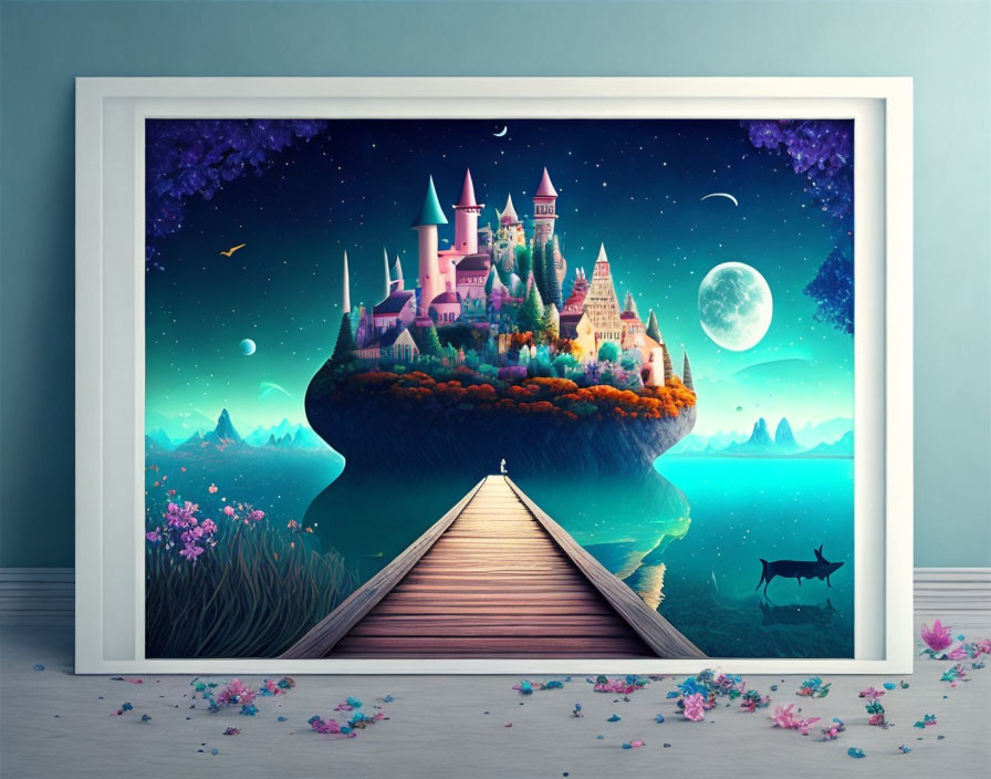 Fantasy artwork: Vibrant castle on floating island with starry sky, moon, jetty,