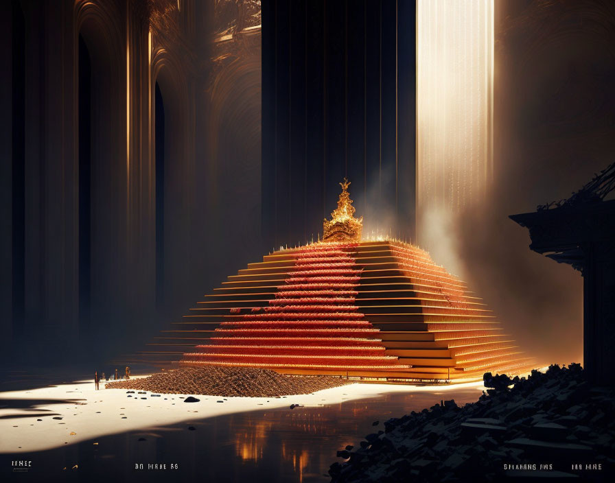 Mystical pyramid with glowing tree in cathedral-like interior