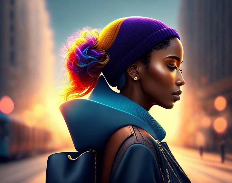 Colorful-haired woman in beanie gazes on city street at sunset