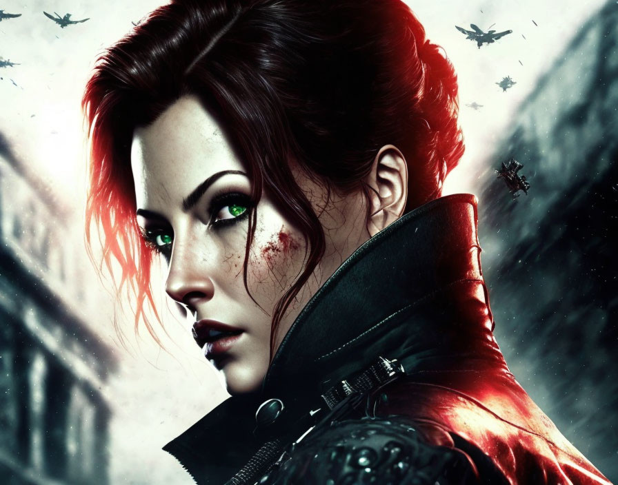 Digital artwork: Woman with green eyes, red hair, scar, black outfit, stormy backdrop