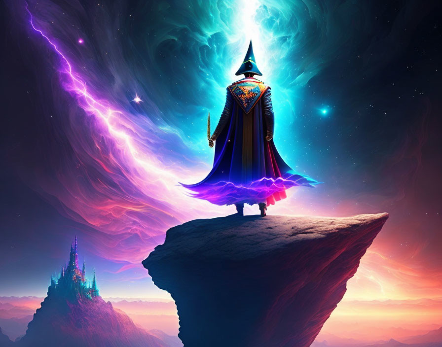 Wizard in Cloak on Floating Rock in Cosmic Setting