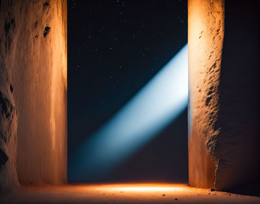 Starry night sky with beam of light between high walls