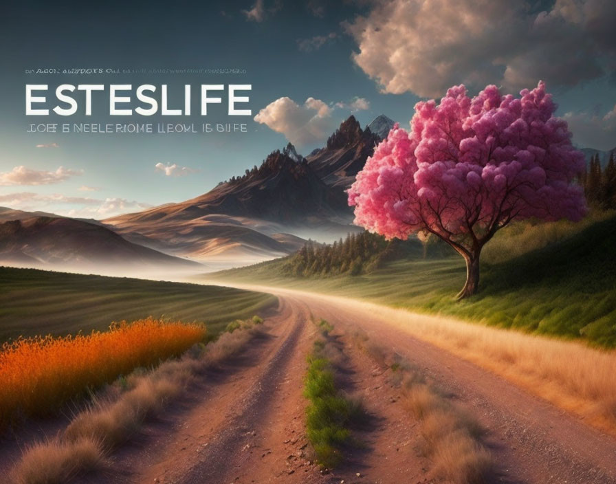 Tranquil landscape with vibrant pink tree, winding road, mountains, and sunset sky