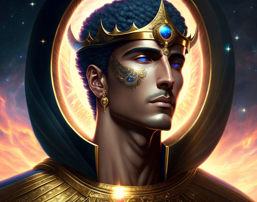 Majestic male figure in golden crown and armor with blue gemstones against cosmic backdrop