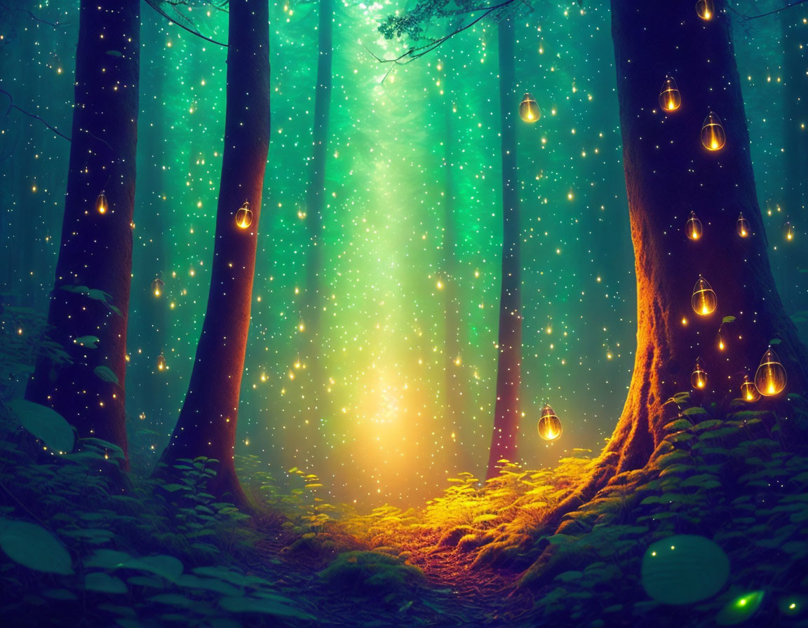 Enchanted forest with tall trees and mystical green light