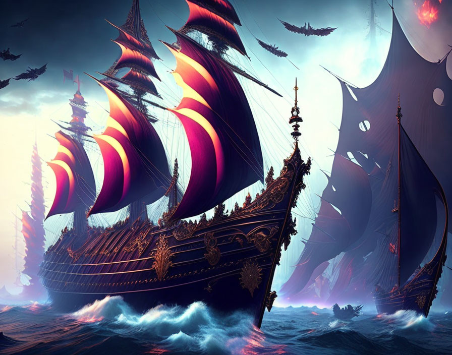 Fantastical navy of ships with pink and purple sails in surreal ocean