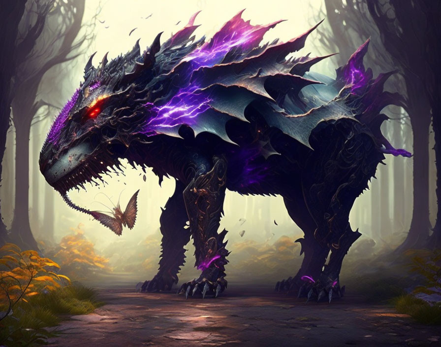 Majestic purple-accented dragon in mystical forest with flying creature