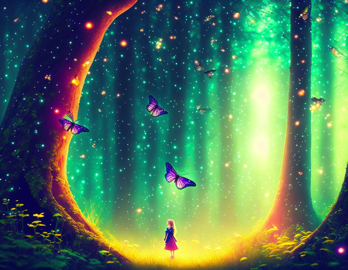 Mystical forest scene with girl, glowing lights, butterflies, and starry sky