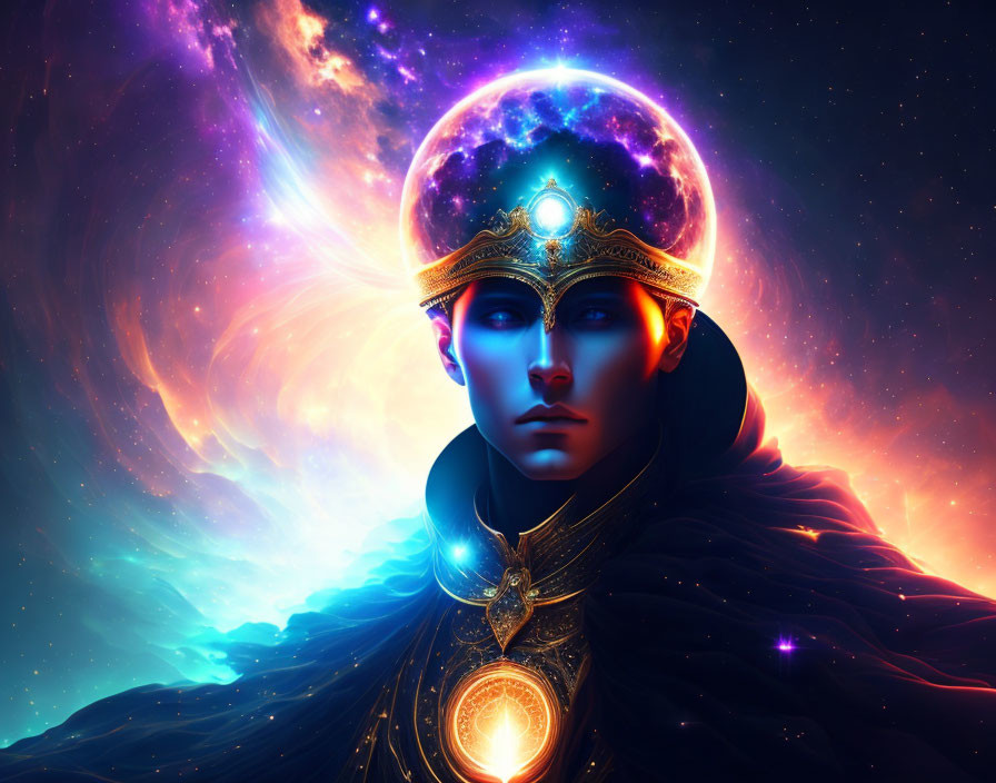 Celestial orb-headed cosmic entity in golden headgear and regal attire against nebula.