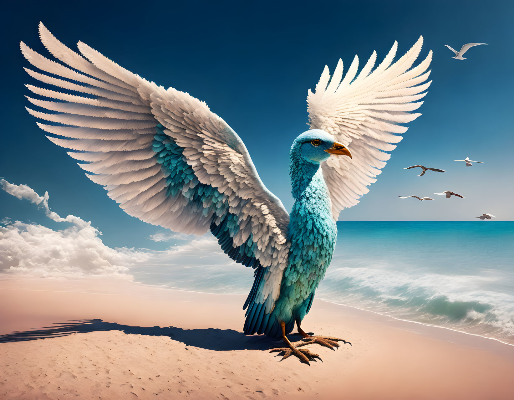 Blue bird with white wings on sandy beach under clear sky.