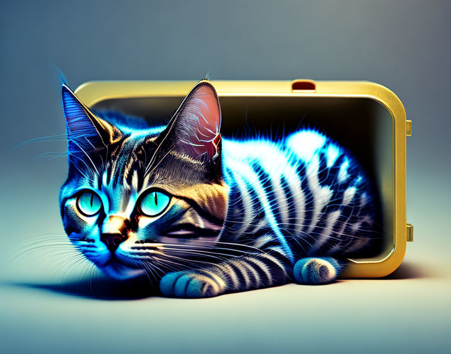 Tabby Cat Digital Artwork in Gold Case with Blue Lighting