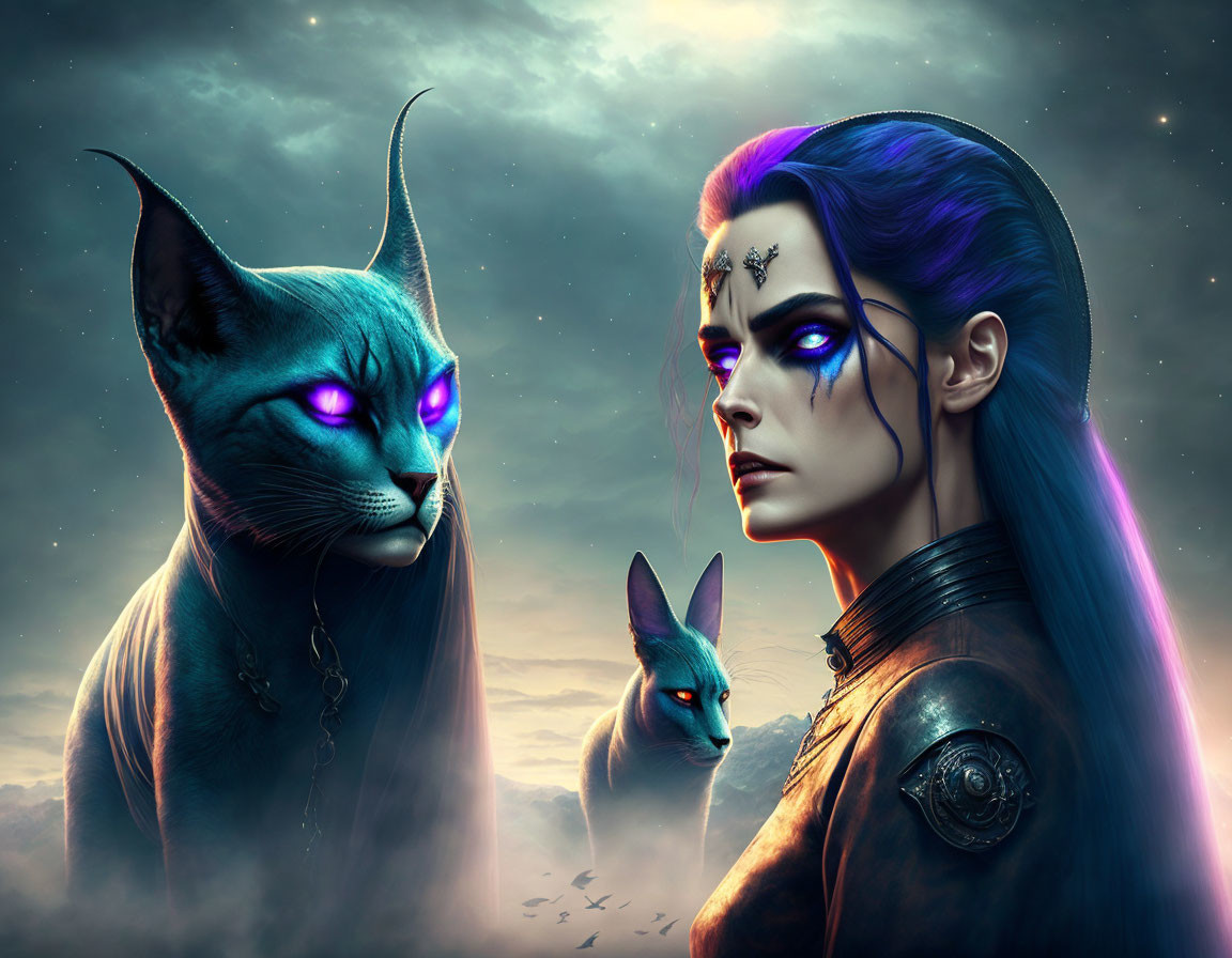 Fantasy artwork: Woman with blue hair, mystical cats, glowing purple eyes, twilight sky