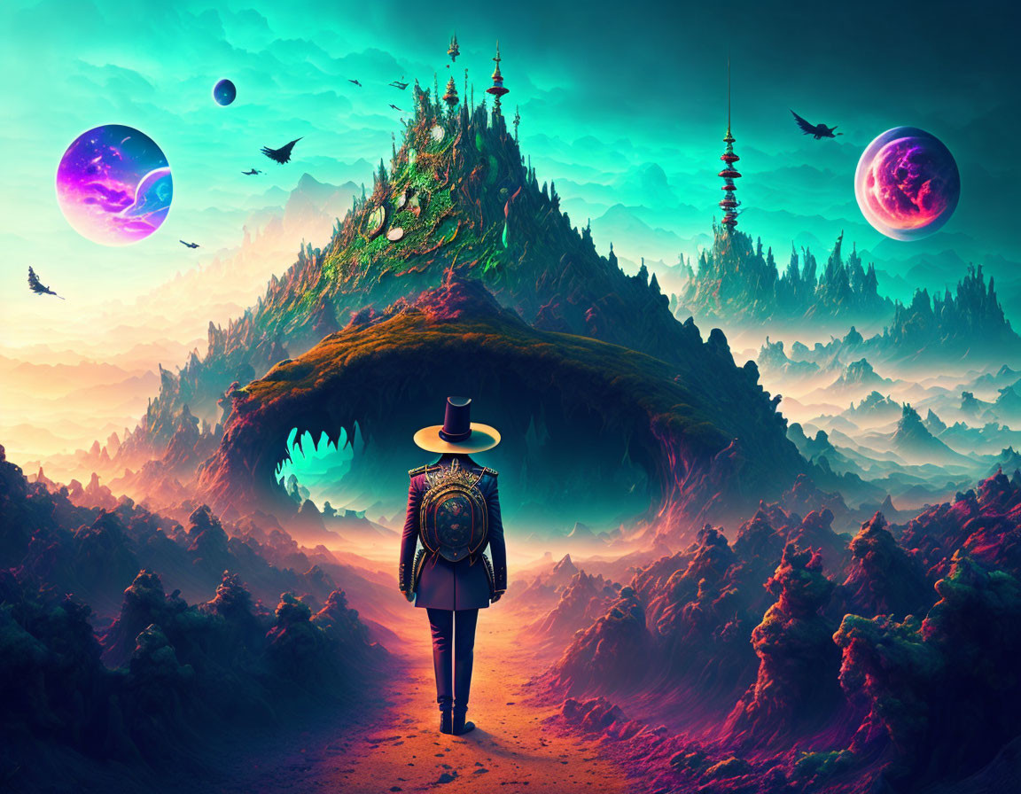 Person in surreal landscape with mountain, vibrant colors, floating islands, and multiple moons