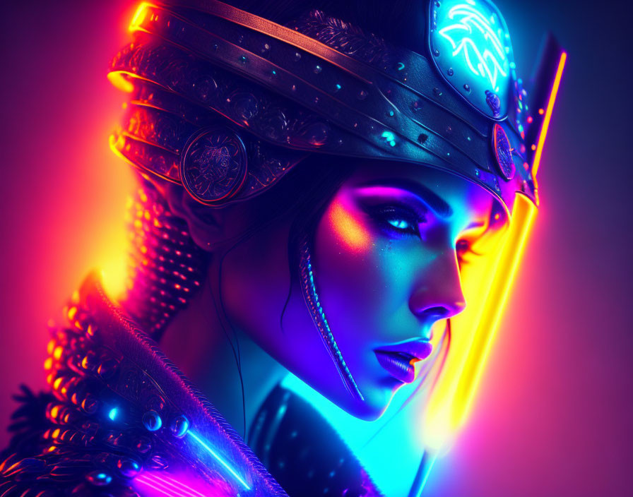 Colorful fantasy portrait of a woman with futuristic headgear under neon lights