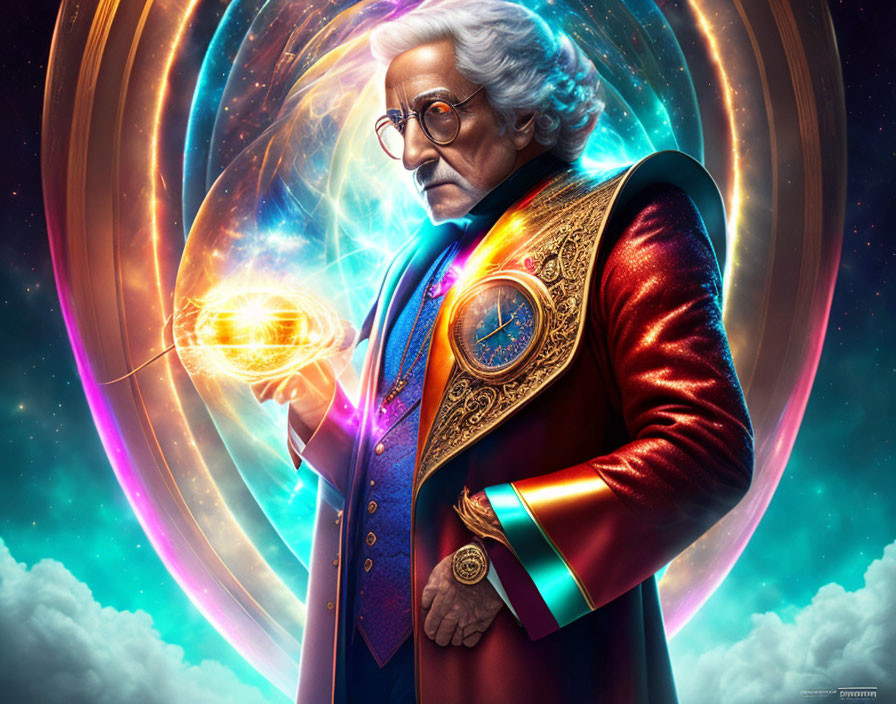 Man with flowing white hair and glasses holding a glowing cosmic orb in colorful attire.