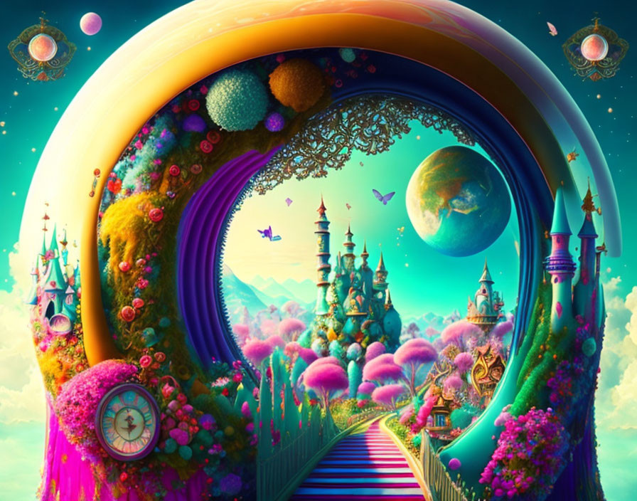 Colorful Fantasy Landscape with Flora, Castles, Planets, and Rainbow Archway