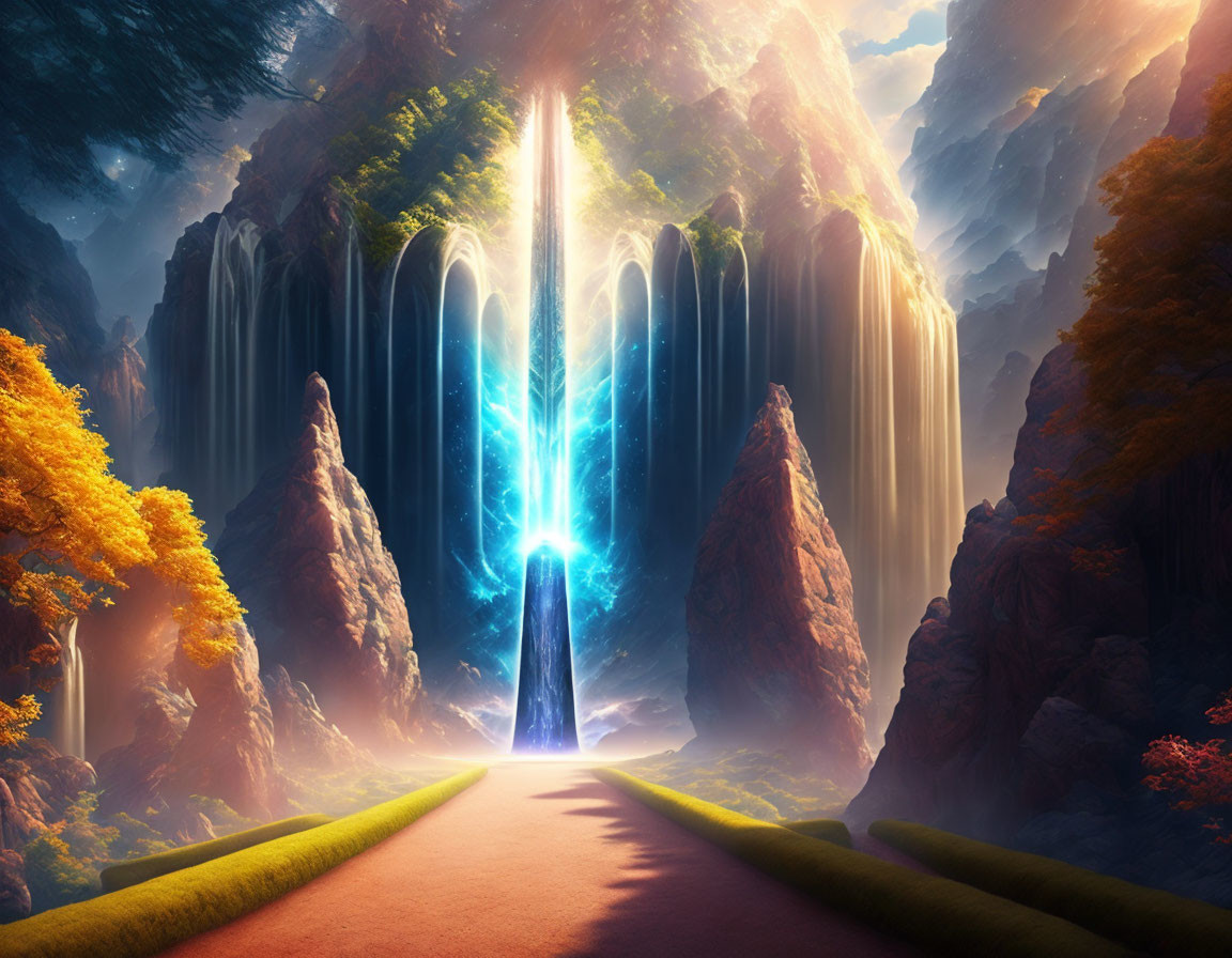 Fantastical landscape with glowing magical tree and waterfalls