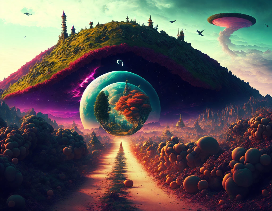 Surreal landscape with levitating sphere, forest, pathway, hill, trees, and flying sa