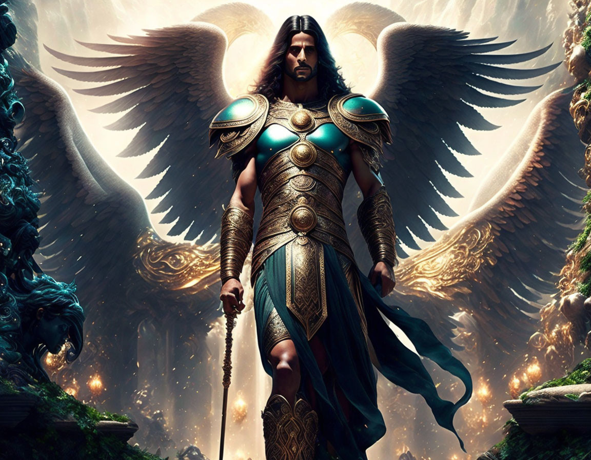 Male figure with long hair and angelic wings in ornate armor in mystical forest