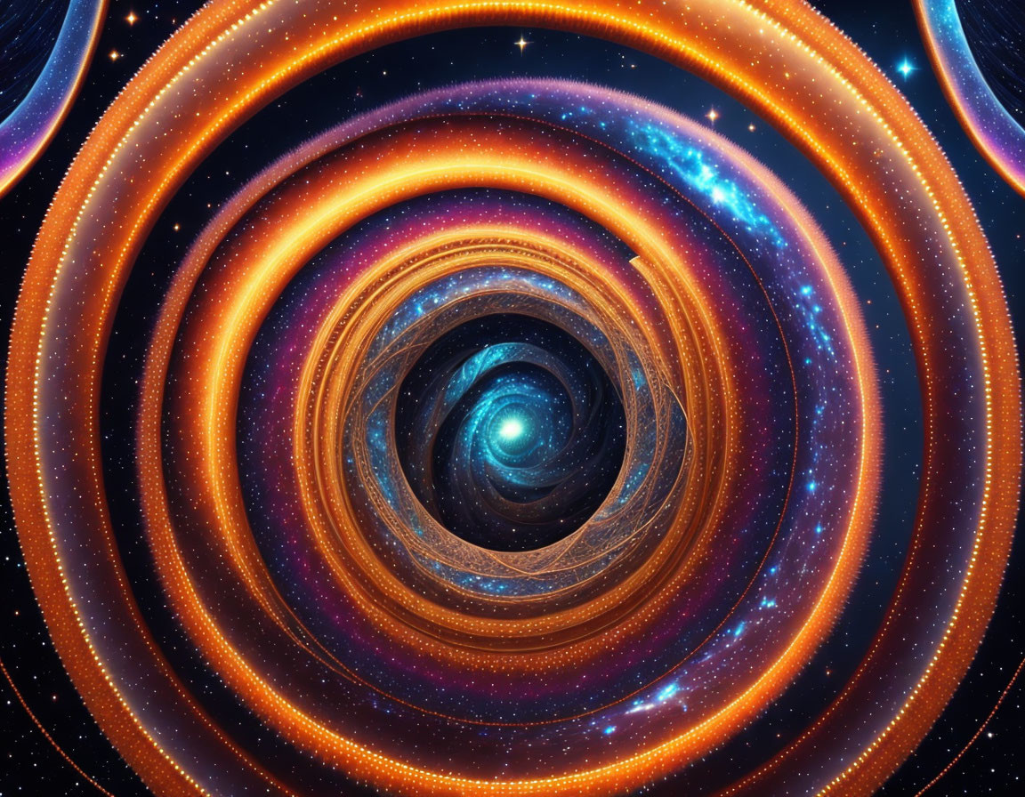 Colorful swirling galaxy digital artwork with concentric circles on starry background