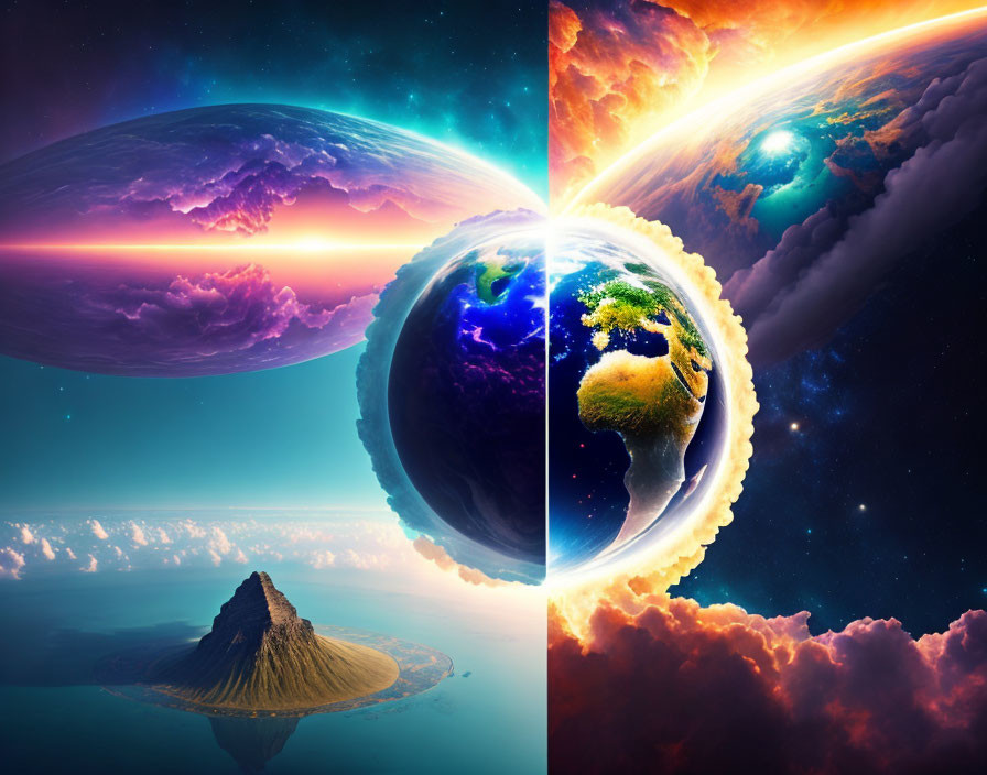 Split-Image: Vibrant Surreal Space Scenes with Earth and Cosmic Sunrise