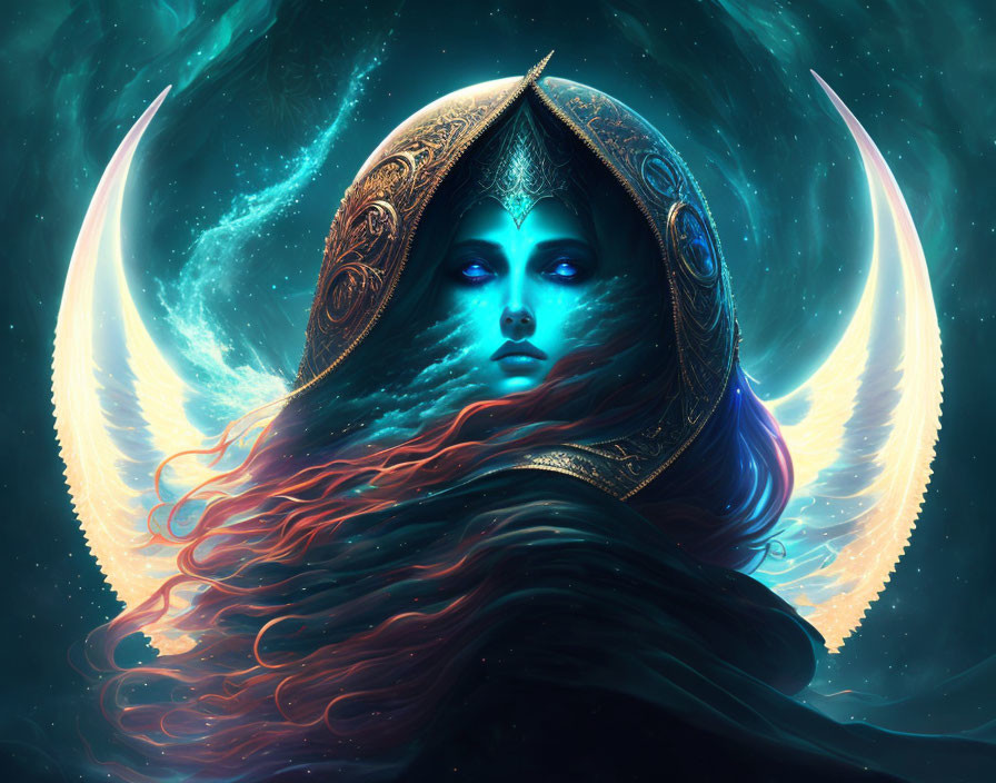 Mystical female figure with crescent moon, golden headdress, red hair, and glowing eyes