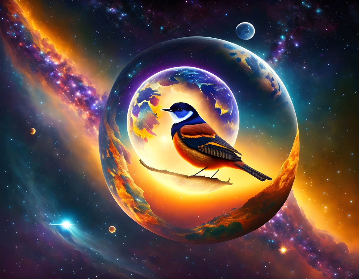 Colorful Bird on Twig with Cosmic Nebulae Background