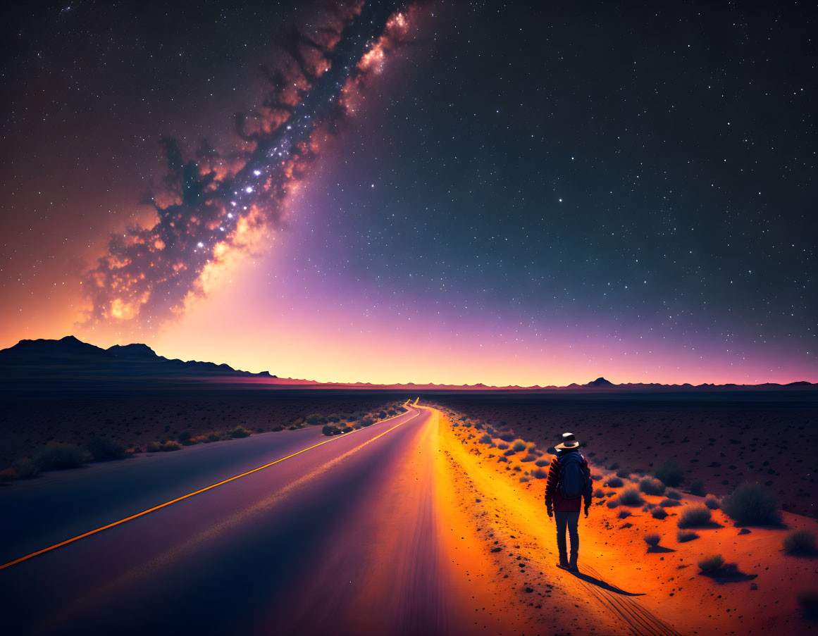 Person Walking on Desert Road Under Starry Sky with Milky Way Stretching Above