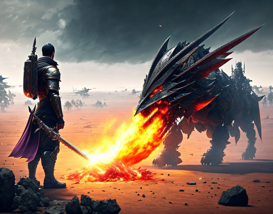 Knight battles dragon with fire-breathing army in desolate battlefield